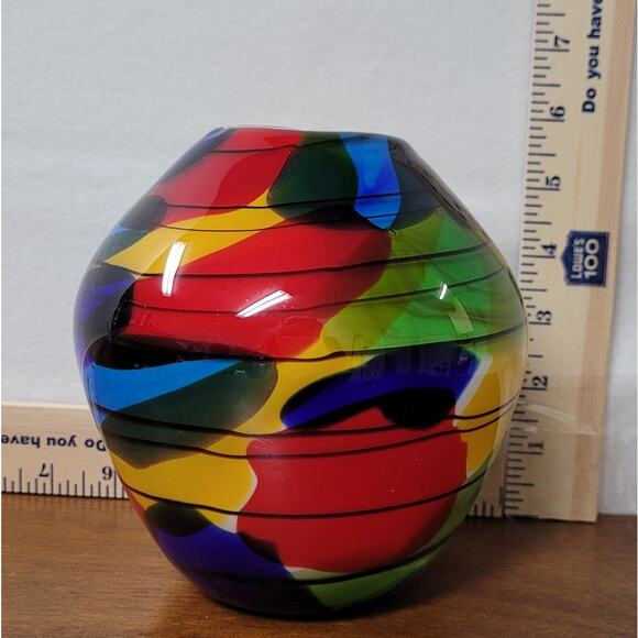 Multicolor Abstract Hand Blown Art Glass Vase.  Vis style. Approx. 6"x5" - Picture 6 of 7